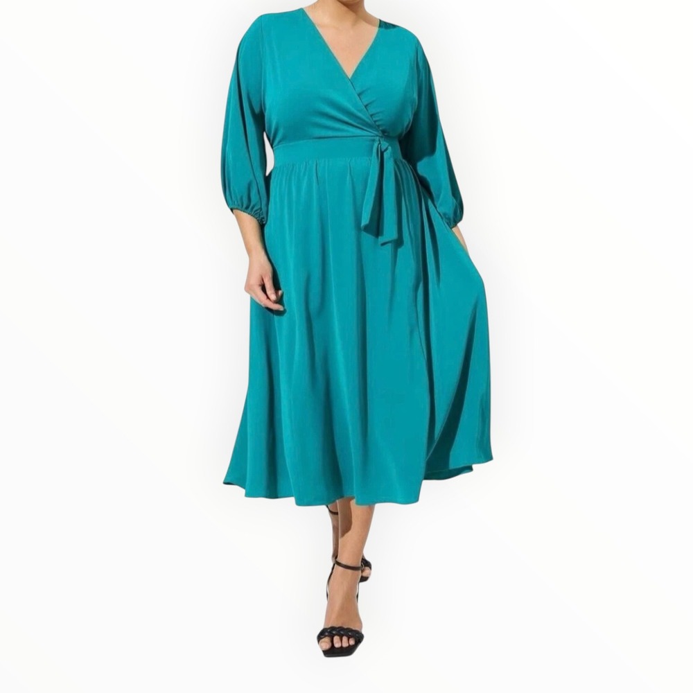NWT Torrid Studio Teal Surplice Wrap Dress 0 Refined Woven‎ Tie Waist Tea Length